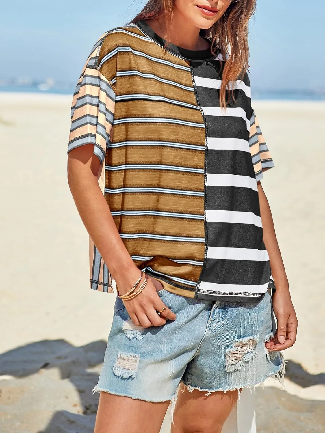 Tankaneo Womens Summer Striped Shirts Casual Color Block Short Sleeve Tops Loose Fit Crew Neck Tees