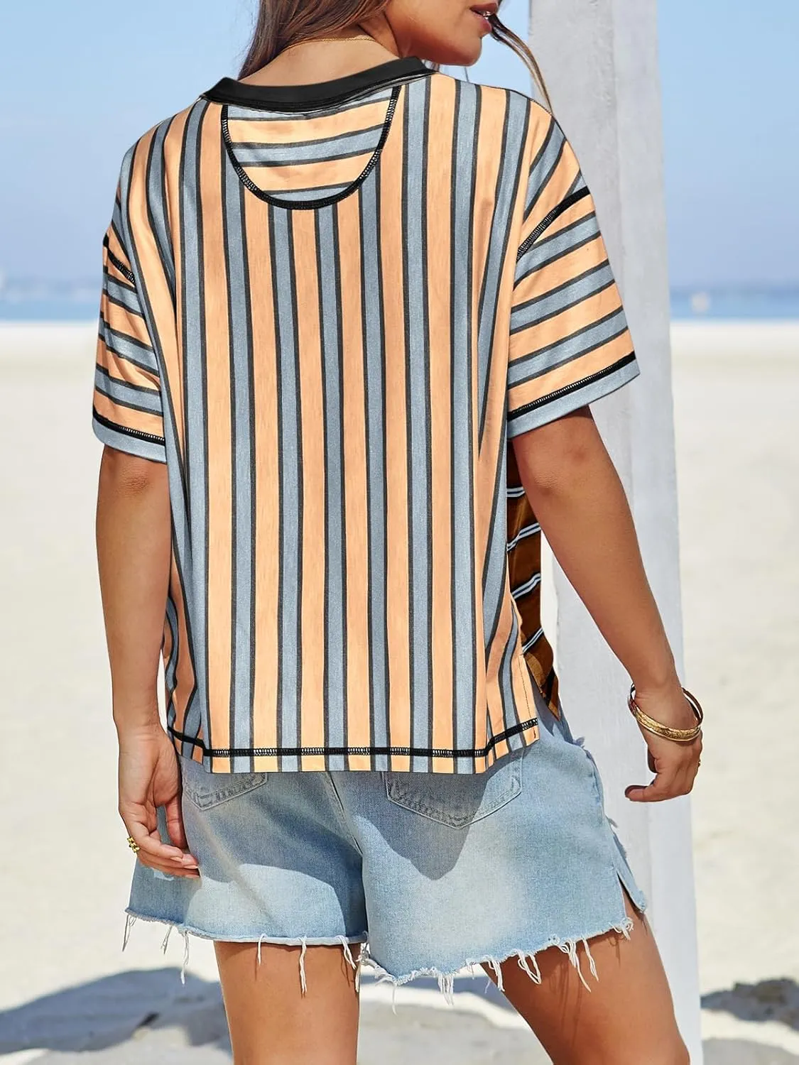 Tankaneo Womens Summer Striped Shirts Casual Color Block Short Sleeve Tops Loose Fit Crew Neck Tees