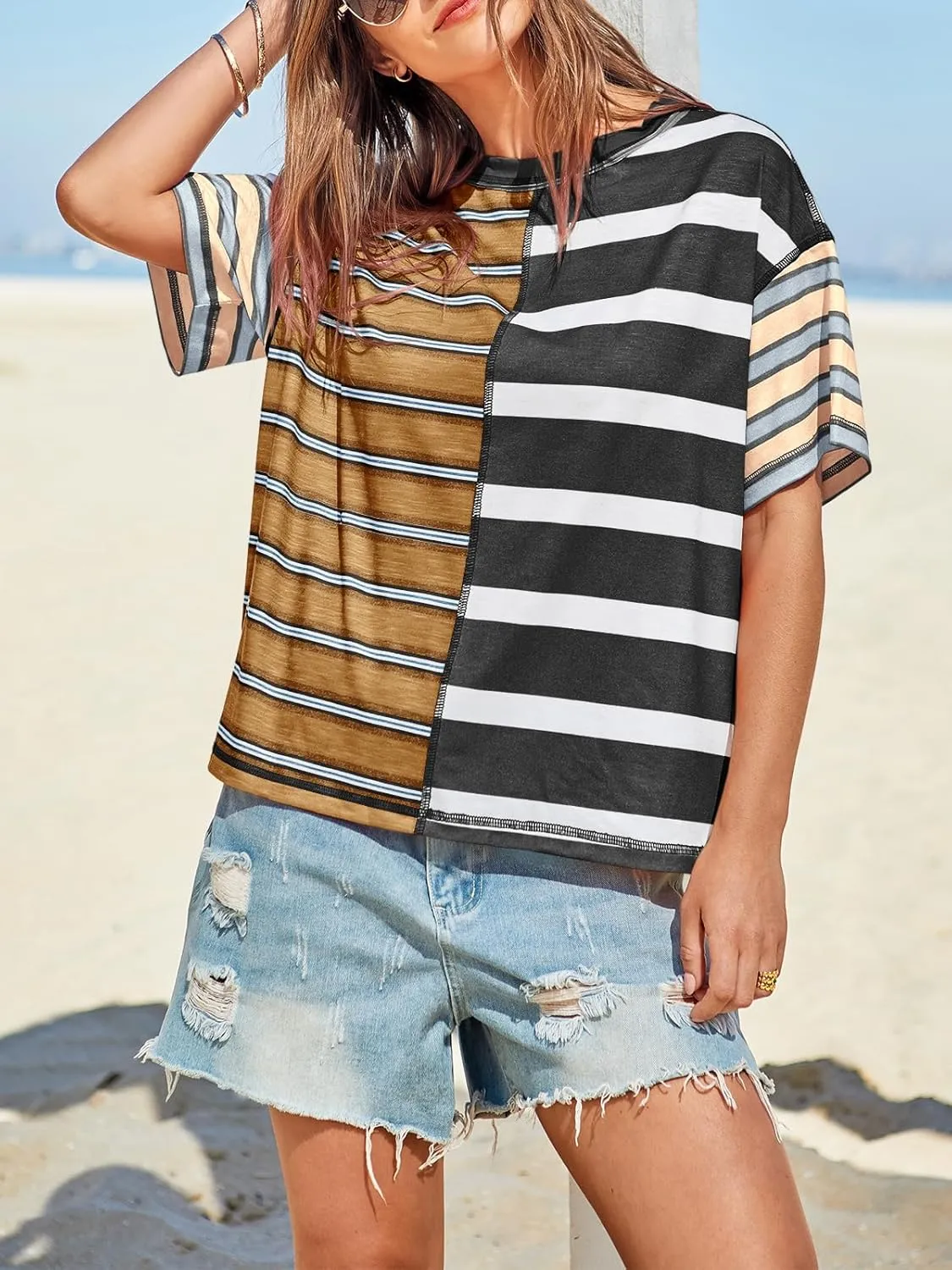 Tankaneo Womens Summer Striped Shirts Casual Color Block Short Sleeve Tops Loose Fit Crew Neck Tees