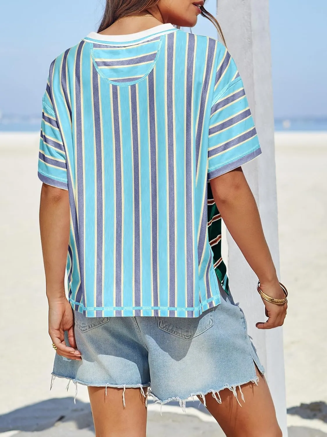 Tankaneo Womens Summer Striped Shirts Casual Color Block Short Sleeve Tops Loose Fit Crew Neck Tees