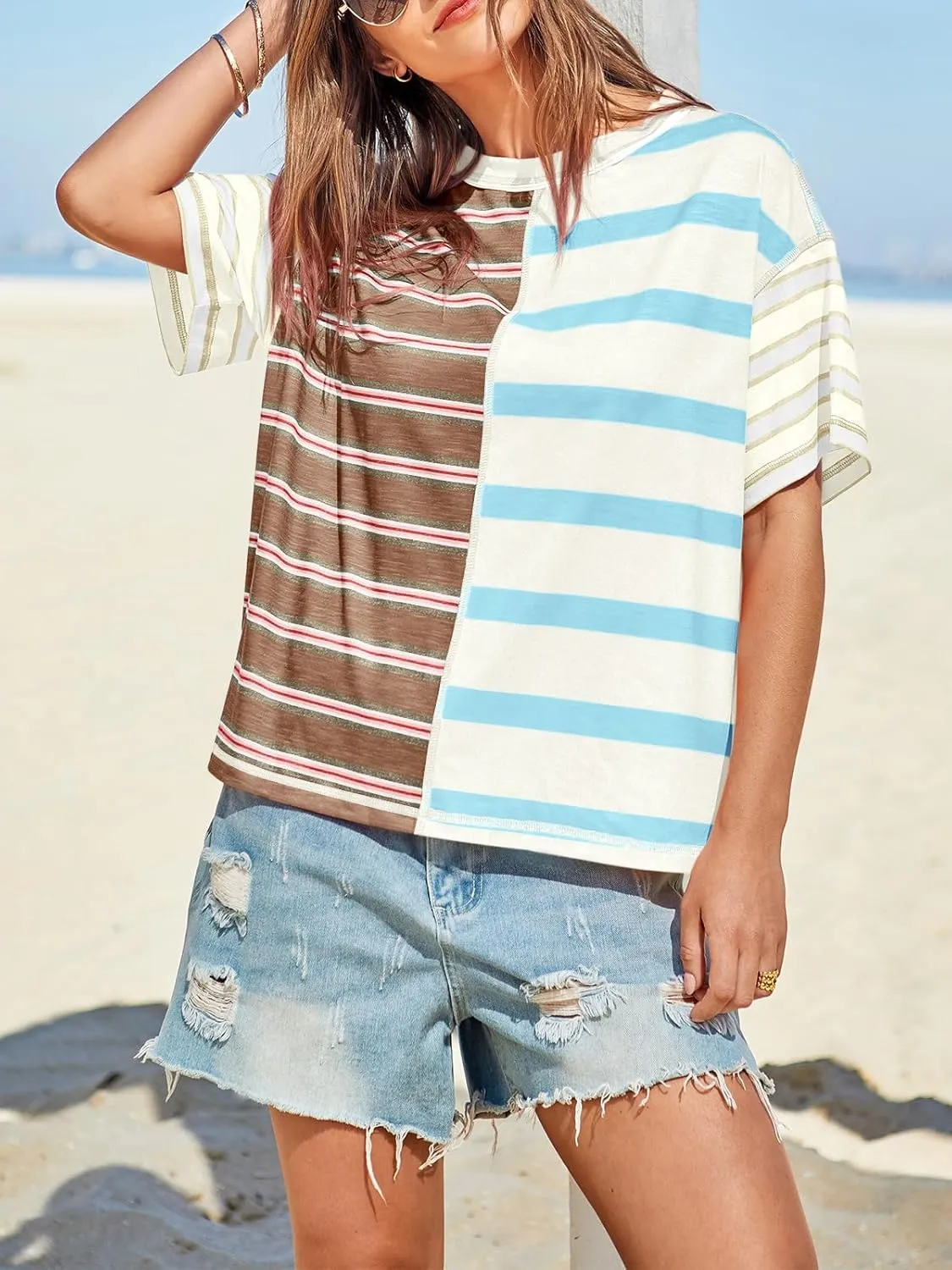 Tankaneo Womens Summer Striped Shirts Casual Color Block Short Sleeve Tops Loose Fit Crew Neck Tees