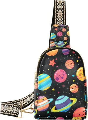 Trendy Colorful Cartoon Planets leather fanny pack multipurpose cross body fanny pack for travel