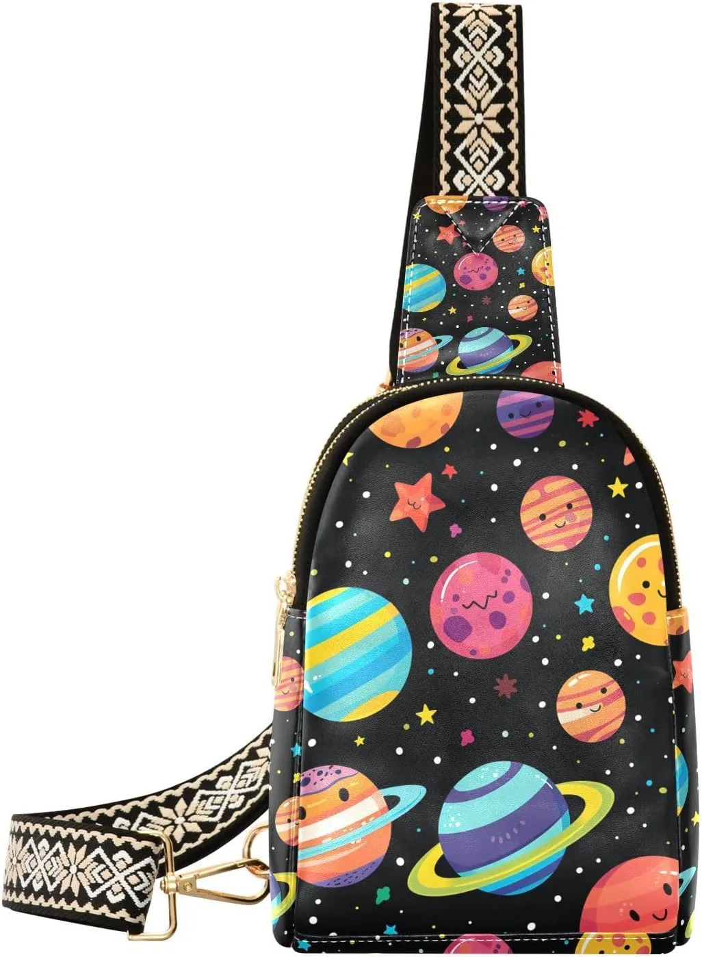 Trendy Colorful Cartoon Planets leather fanny pack multipurpose cross body fanny pack for travel