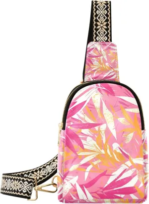 Trendy Peach Gold Leaf black fanny pack leather over shoulder bag for travel