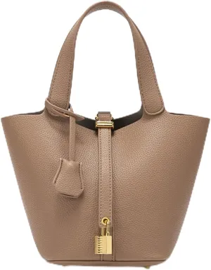 Trendy Plain Color Leather Handbag with Lock Design,Bucket Bag Vegetable Basket,Versatile Shoulder Handbag.