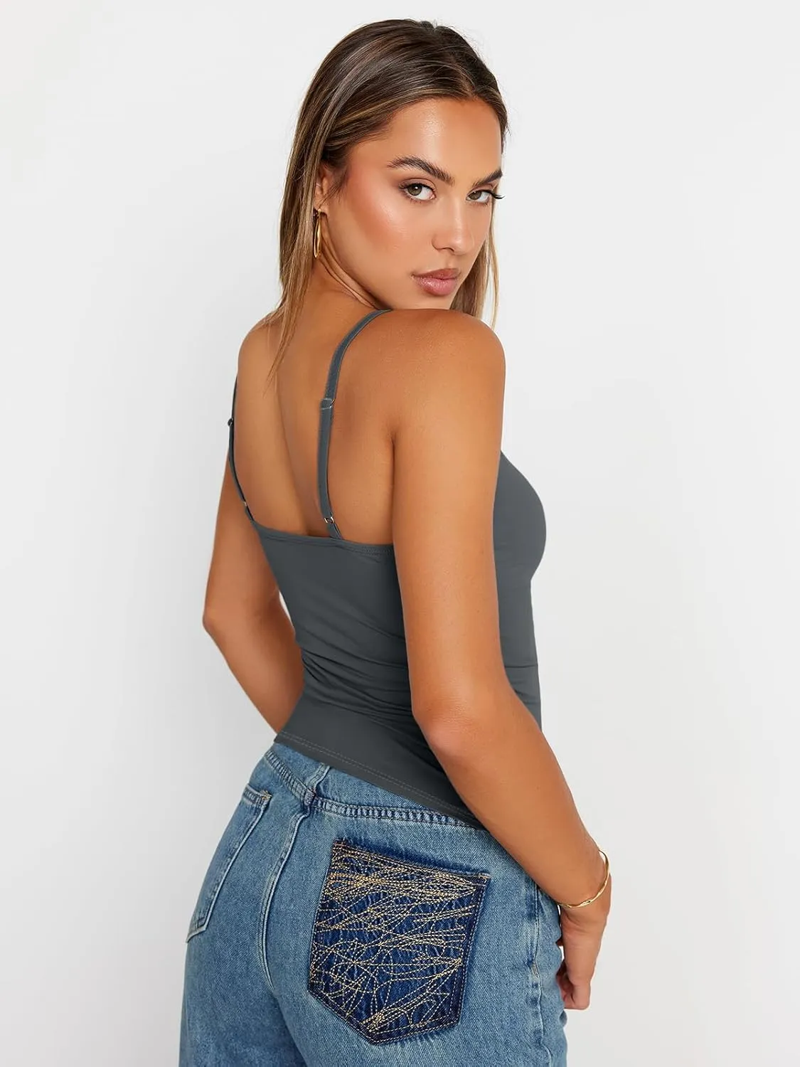 Trendy Queen Womens Adjustable Camisole Sleeveless Square Neck Spaghetti Strap Tank Tops Basic Shirt