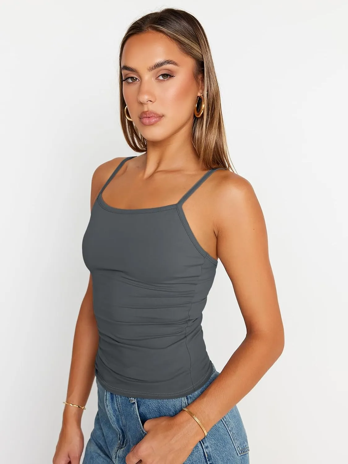 Trendy Queen Womens Adjustable Camisole Sleeveless Square Neck Spaghetti Strap Tank Tops Basic Shirt