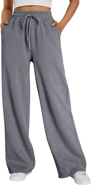 Trendy Queen Womens Wide Leg Sweatpants High Waisted Baggy Lounge Pants Drawstring Athletic Flared Joggers with Pockets