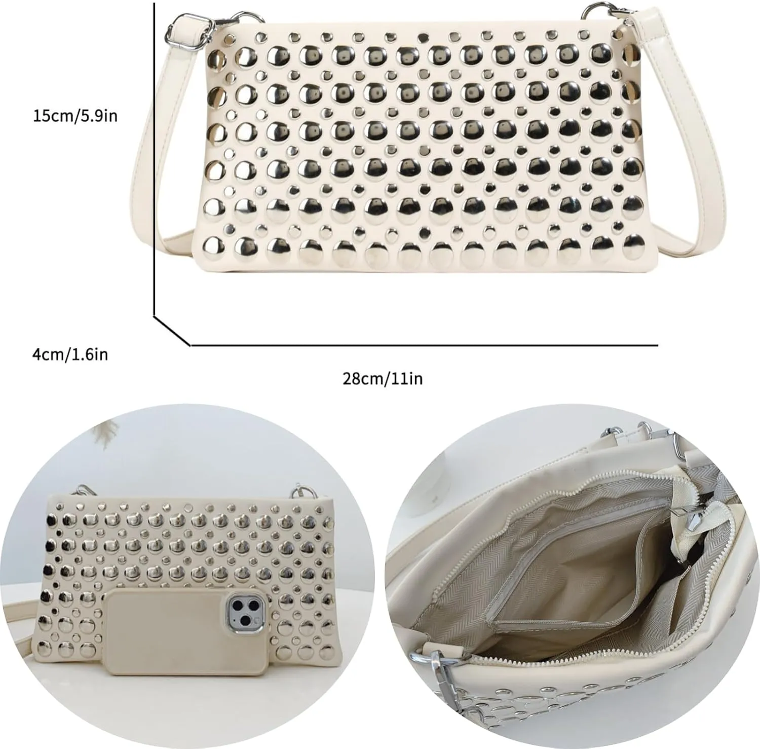 Trendy Studded Shoulder Crossbody Bag for Women Vegan Leather Satchel Handbag Rivets Tote Purse