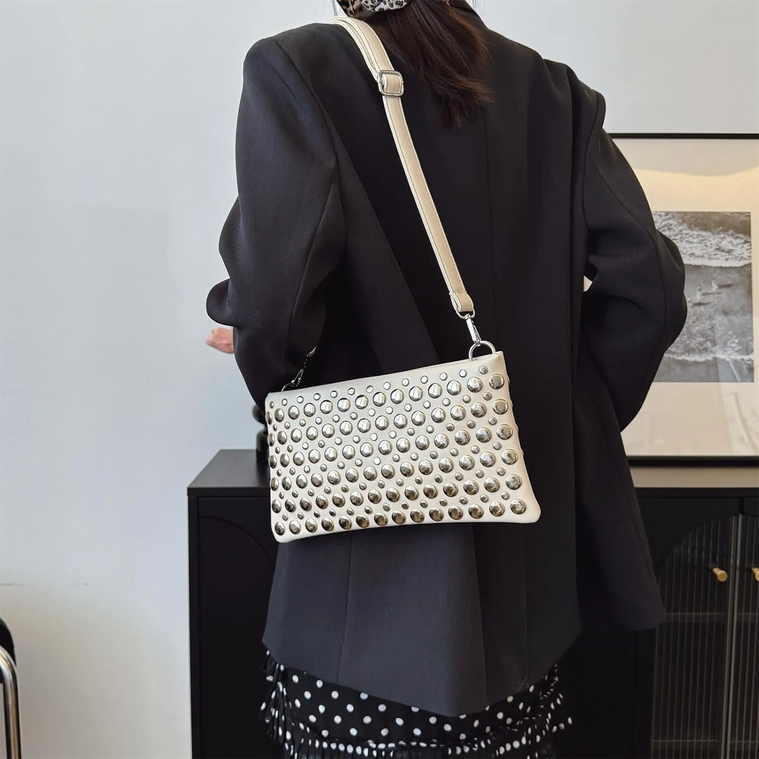 Trendy Studded Shoulder Crossbody Bag for Women Vegan Leather Satchel Handbag Rivets Tote Purse