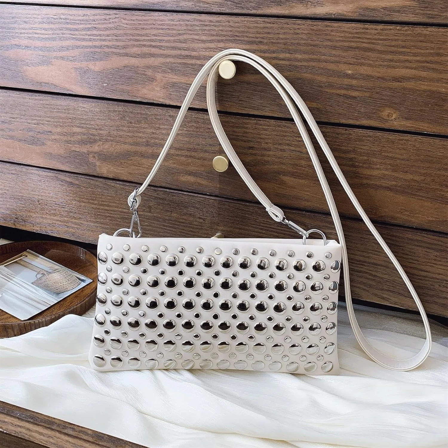 Trendy Studded Shoulder Crossbody Bag for Women Vegan Leather Satchel Handbag Rivets Tote Purse