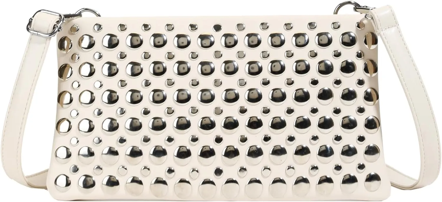 Trendy Studded Shoulder Crossbody Bag for Women Vegan Leather Satchel Handbag Rivets Tote Purse