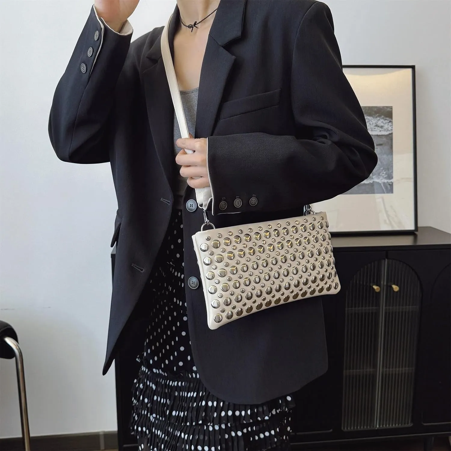 Trendy Studded Shoulder Crossbody Bag for Women Vegan Leather Satchel Handbag Rivets Tote Purse