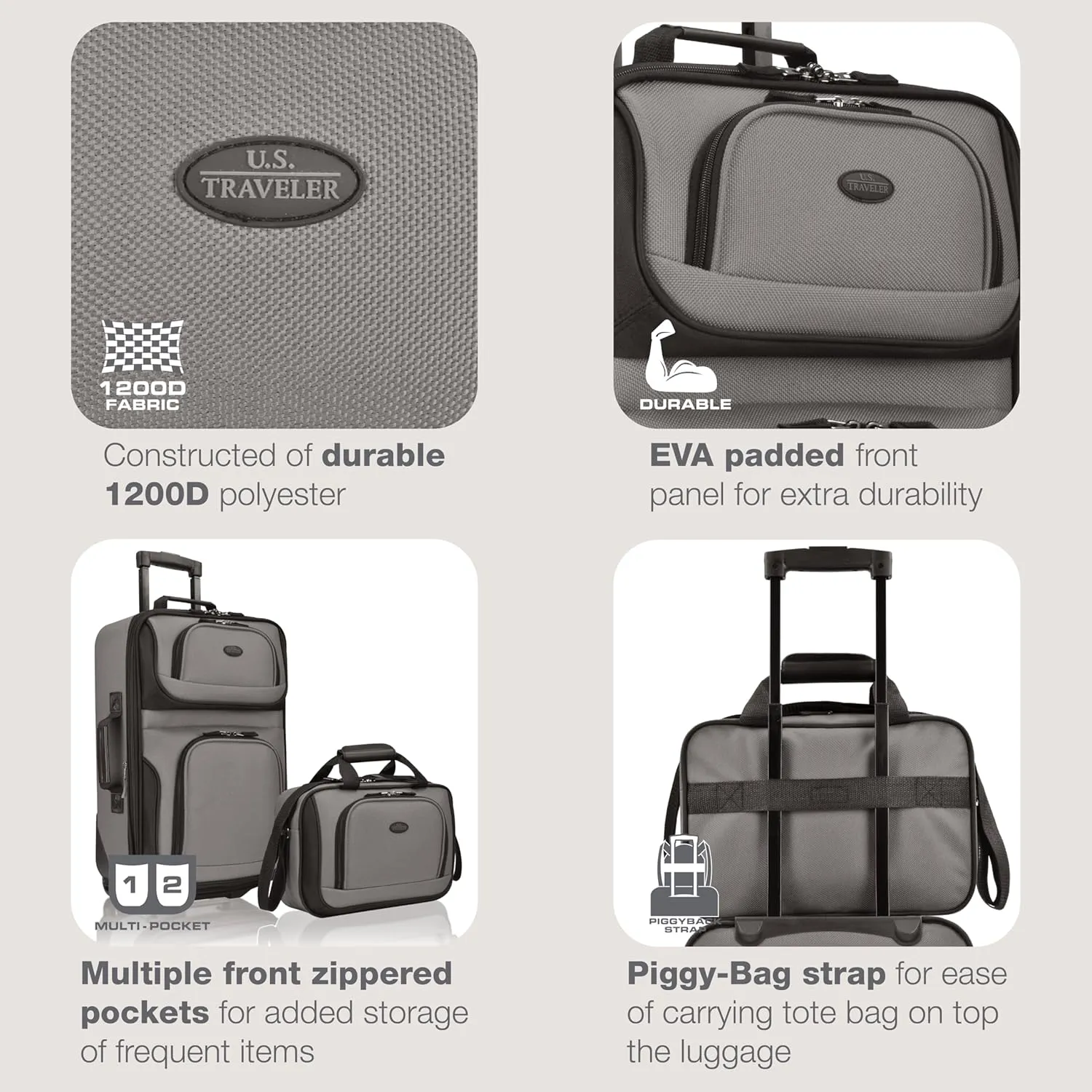 U.S. Traveler Rio Rugged Fabric Expandable Carry-on Luggage, Grey, Set