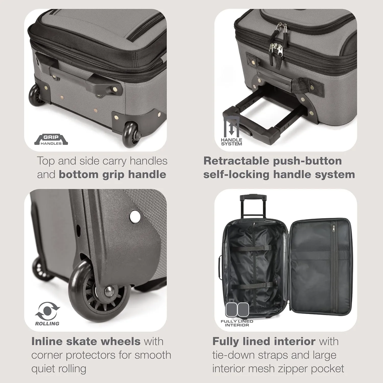 U.S. Traveler Rio Rugged Fabric Expandable Carry-on Luggage, Grey, Set