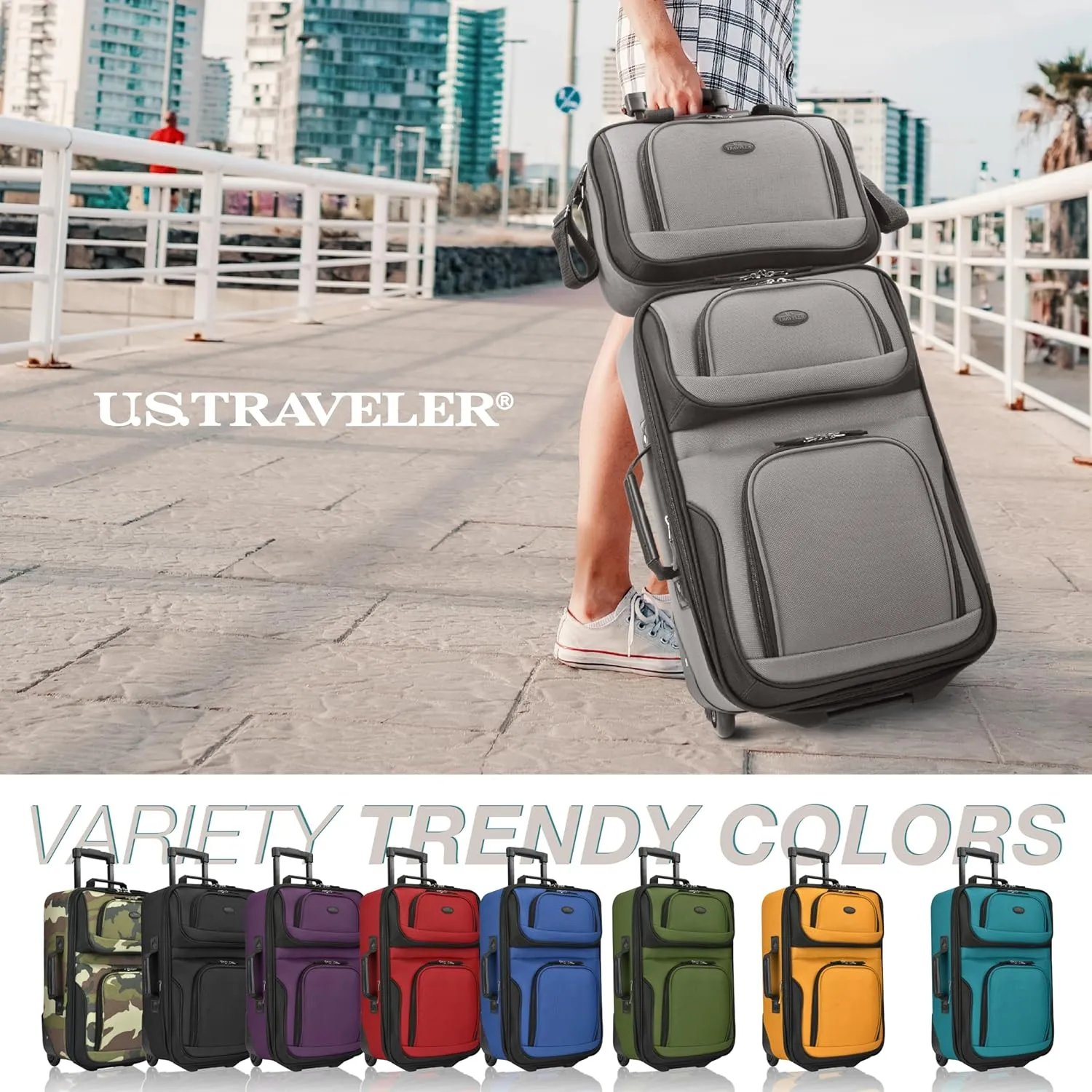 U.S. Traveler Rio Rugged Fabric Expandable Carry-on Luggage, Grey, Set