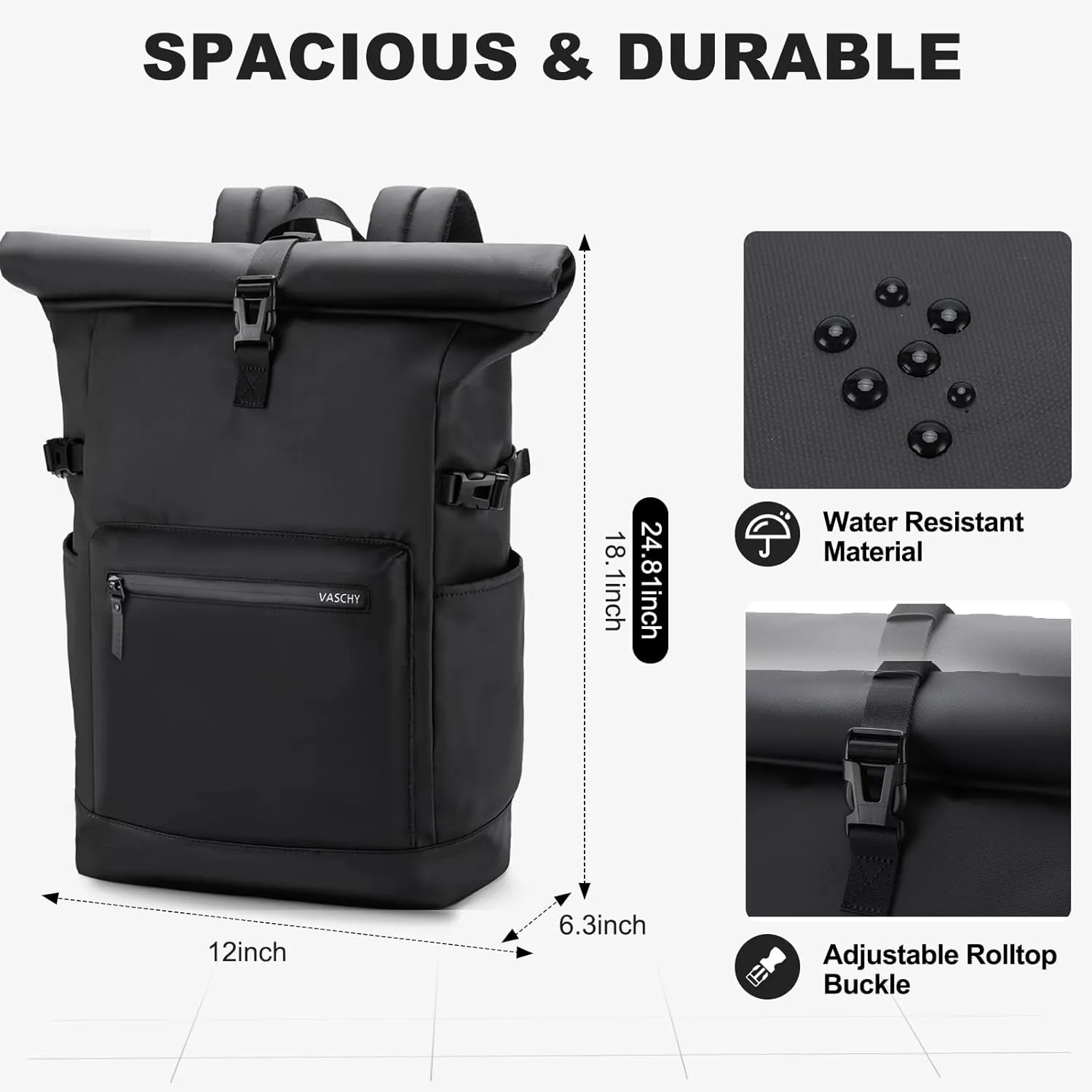 VASCHY Rolltop Travel Backpack for Men, Water Resistant Expandable Large Carry-on Casual Daypack for Work Business Hiking College Black