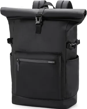 VASCHY Rolltop Travel Backpack for Men, Water Resistant Expandable Large Carry-on Casual Daypack for Work Business Hiking College Black