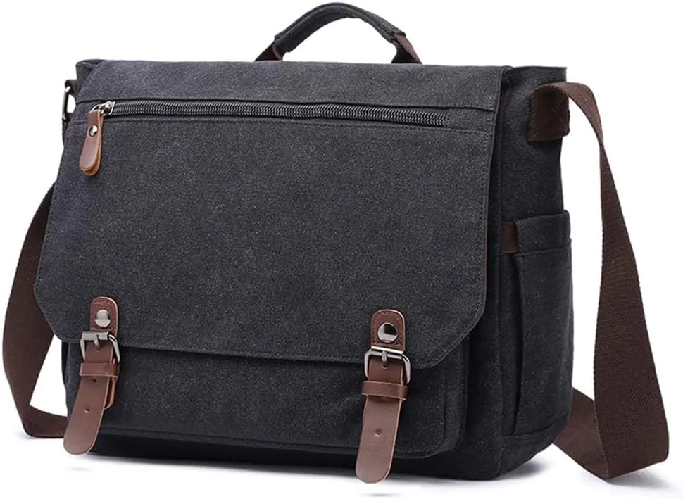 Vintage Genuine Leather Waxed Canvas Briefcase Large Satchel Shoulder Bag Rugged Computer 15.6" Laptop Bag
