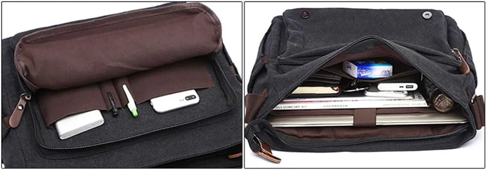 Vintage Genuine Leather Waxed Canvas Briefcase Large Satchel Shoulder Bag Rugged Computer 15.6" Laptop Bag