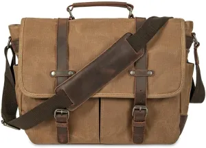 Vintage Genuine Leather Waxed Canvas Briefcase Large Satchel Shoulder Bag Rugged Computer 15.6" Laptop Bag