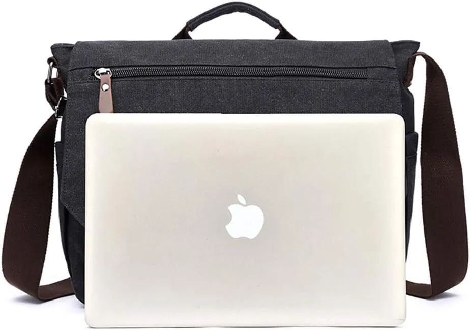 Vintage Genuine Leather Waxed Canvas Briefcase Large Satchel Shoulder Bag Rugged Computer 15.6" Laptop Bag