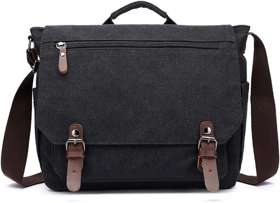 Vintage Genuine Leather Waxed Canvas Briefcase Large Satchel Shoulder Bag Rugged Computer 15.6" Laptop Bag