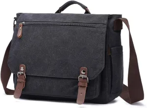 Vintage Genuine Leather Waxed Canvas Briefcase Large Satchel Shoulder Bag Rugged Computer 15.6" Laptop Bag