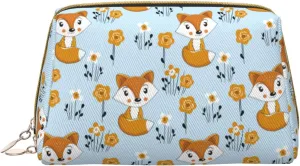 VOSERY Makeup Bag, Cosmetic Bags Travel Toiletry Bag for Women, Large Capacity Makeup Bag Organizer, Cartoon Flower Fox Blue Make up Bag, Cute Makeup Pouch, Waterproof Leather Makeup Case