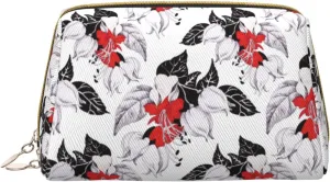 VOSERY Makeup Bag, Cosmetic Bags Travel Toiletry Bag for Women, Large Capacity Makeup Bag Organizer, red white flowers black Make up Bag, Cute Makeup Pouch, Waterproof Leather Makeup Case