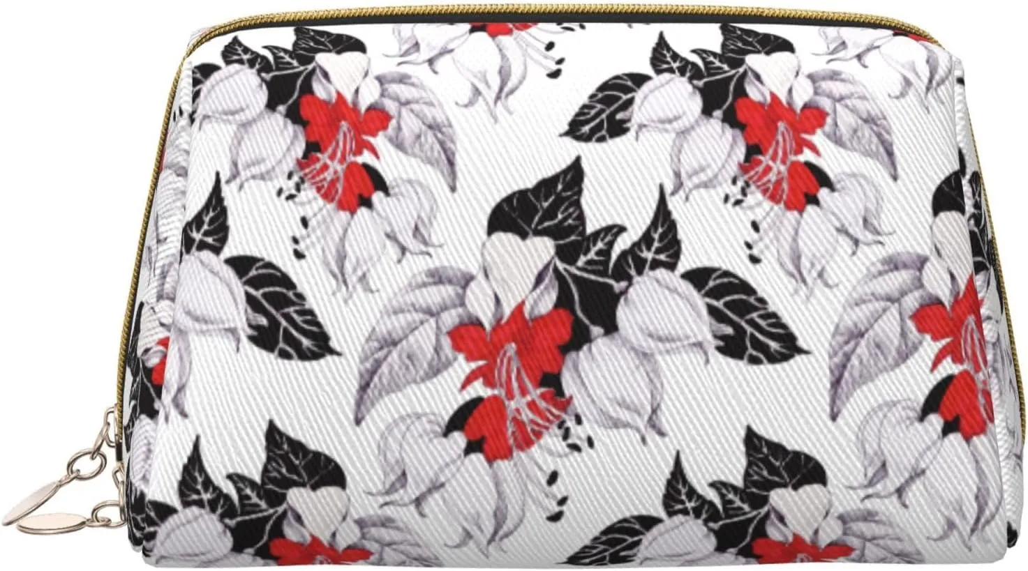 VOSERY Makeup Bag, Cosmetic Bags Travel Toiletry Bag for Women, Large Capacity Makeup Bag Organizer, red white flowers black Make up Bag, Cute Makeup Pouch, Waterproof Leather Makeup Case