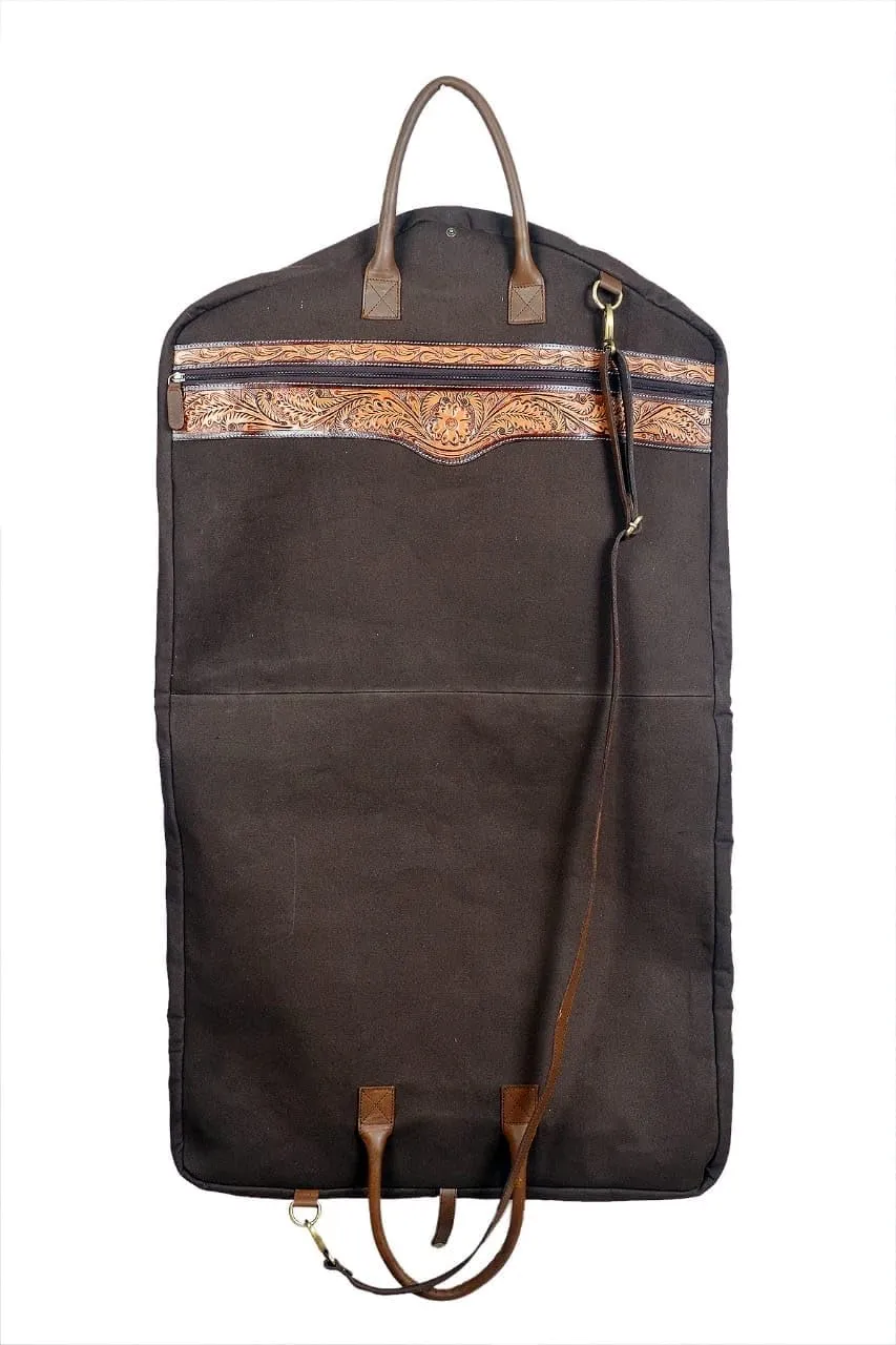 Western Long Brown Canvas Floral Tooled Travel Carry Garment Storage Bag 32SK02