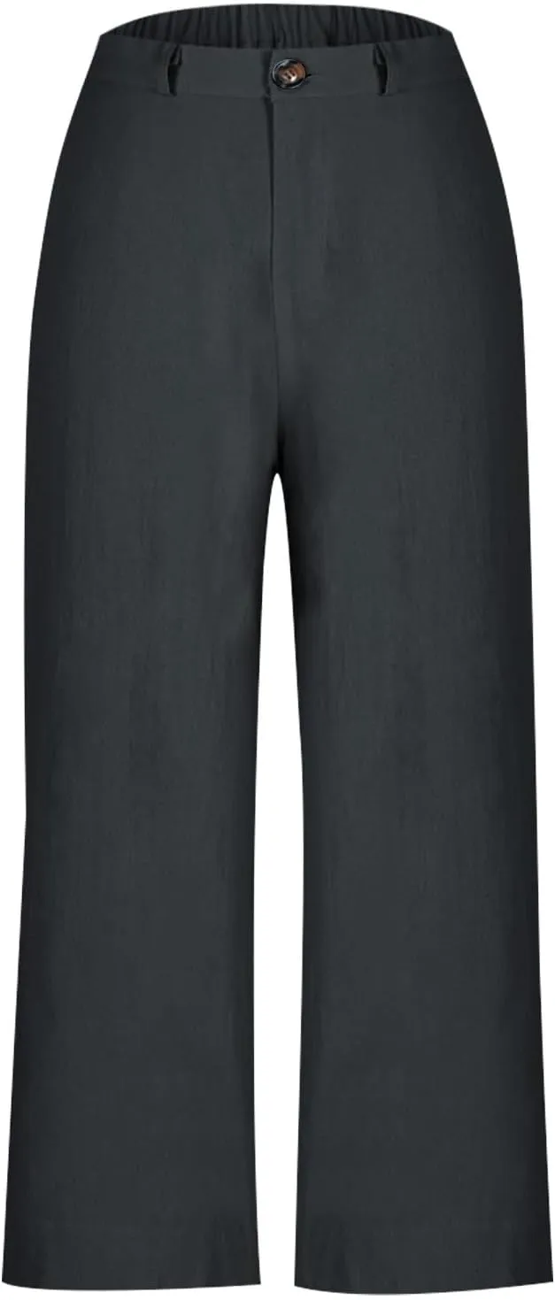 Wide Leg Dress Pants for Women High Waisted Business Work Casual Pants Summer Comfy Cropped Linen Palazzo Trousers