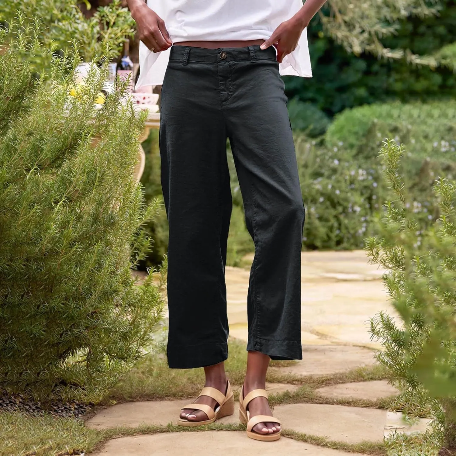 Wide Leg Dress Pants for Women High Waisted Business Work Casual Pants Summer Comfy Cropped Linen Palazzo Trousers