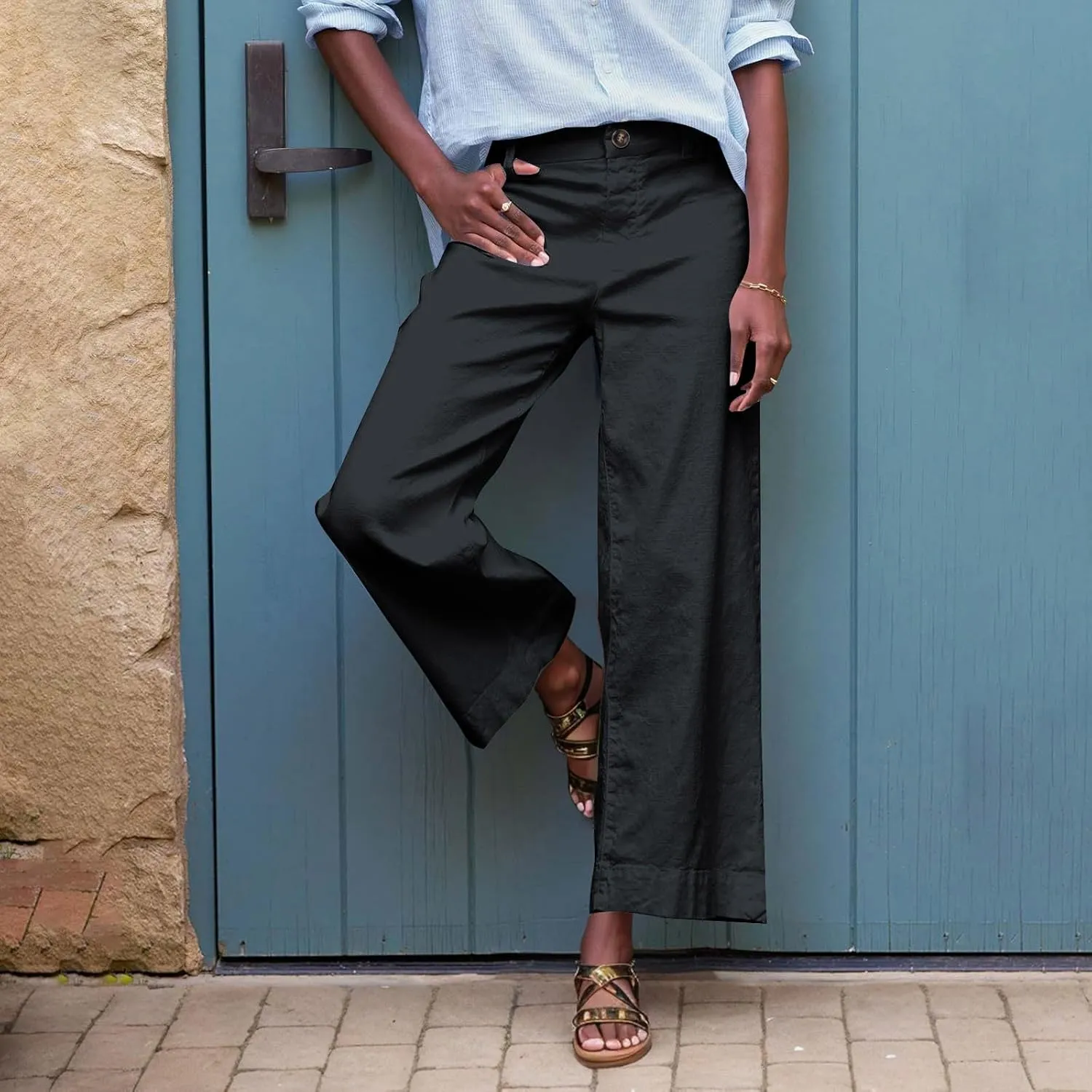 Wide Leg Dress Pants for Women High Waisted Business Work Casual Pants Summer Comfy Cropped Linen Palazzo Trousers