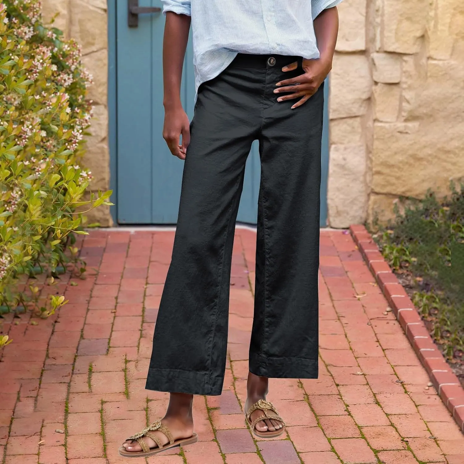 Wide Leg Dress Pants for Women High Waisted Business Work Casual Pants Summer Comfy Cropped Linen Palazzo Trousers