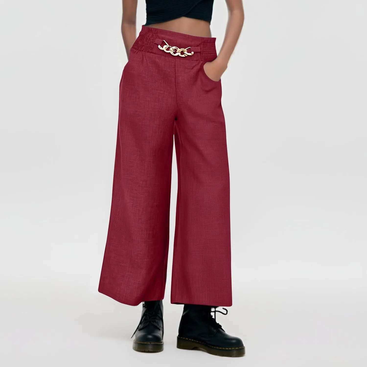 Wide Leg Linen Pants for Women Elastic Smocked High Waisted Flowy Palazzo Pants with Pockets Casual Relaxed Fit Dress Trouser