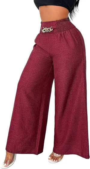 Wide Leg Linen Pants for Women Elastic Smocked High Waisted Flowy Palazzo Pants with Pockets Casual Relaxed Fit Dress Trouser