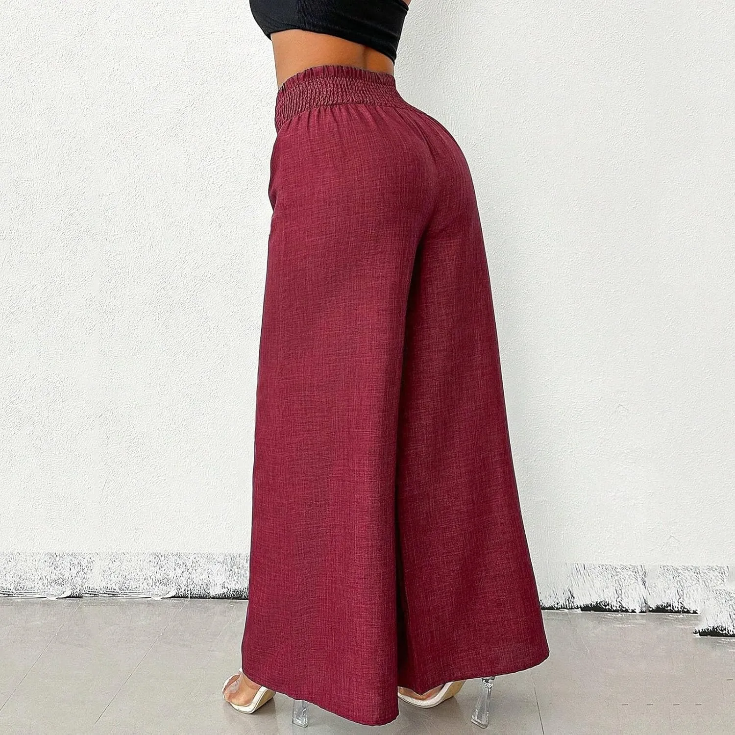 Wide Leg Linen Pants for Women Elastic Smocked High Waisted Flowy Palazzo Pants with Pockets Casual Relaxed Fit Dress Trouser