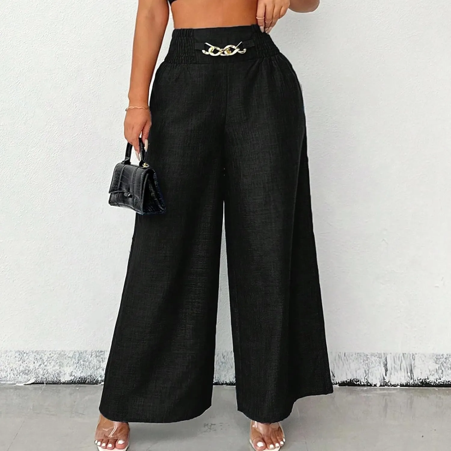 Wide Leg Linen Pants for Women Elastic Smocked High Waisted Flowy Palazzo Pants with Pockets Casual Relaxed Fit Dress Trouser