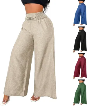 Wide Leg Linen Pants for Women Elastic Smocked High Waisted Flowy Palazzo Pants with Pockets Casual Relaxed Fit Dress Trouser