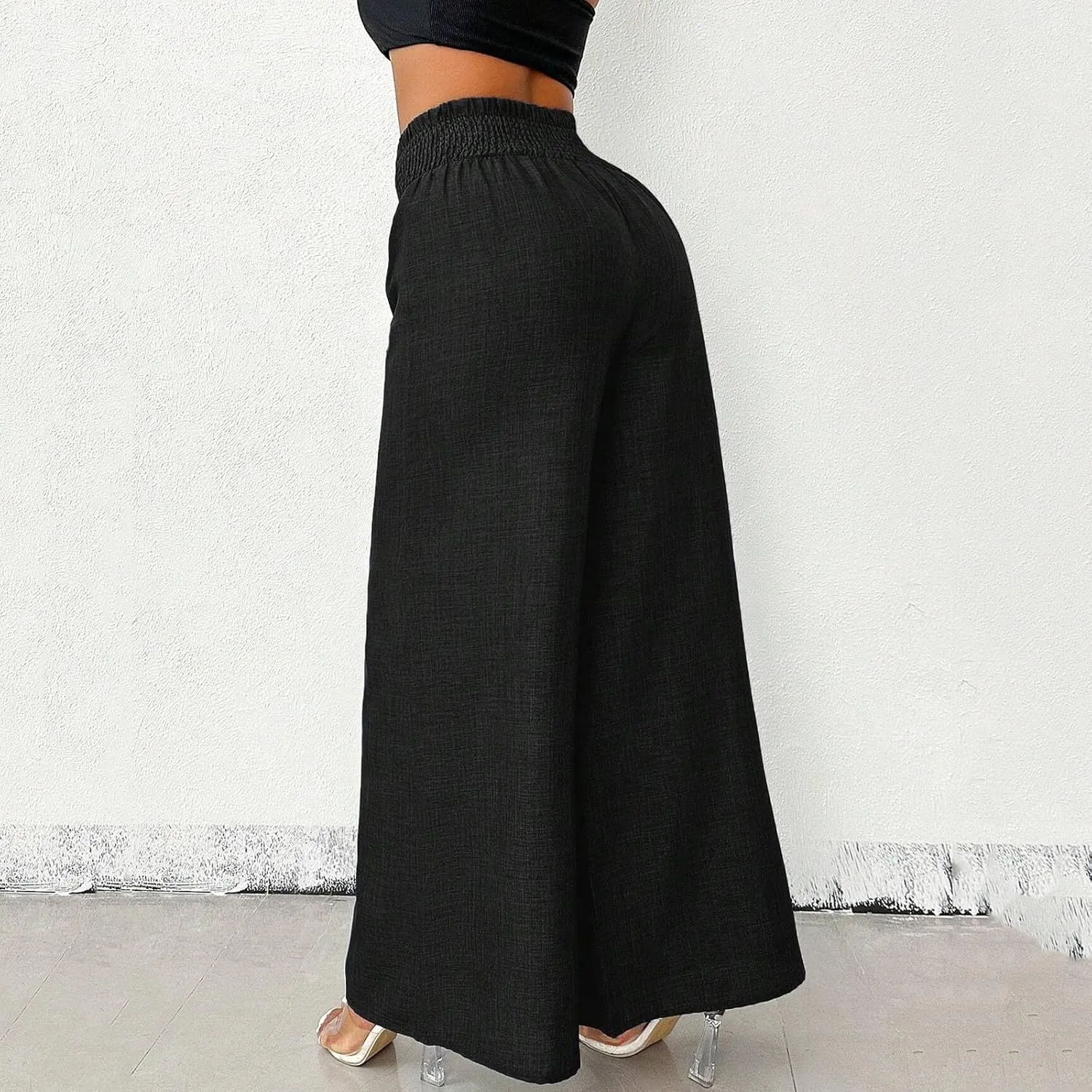 Wide Leg Linen Pants for Women Elastic Smocked High Waisted Flowy Palazzo Pants with Pockets Casual Relaxed Fit Dress Trouser
