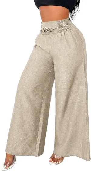 Wide Leg Linen Pants for Women Elastic Smocked High Waisted Flowy Palazzo Pants with Pockets Casual Relaxed Fit Dress Trouser