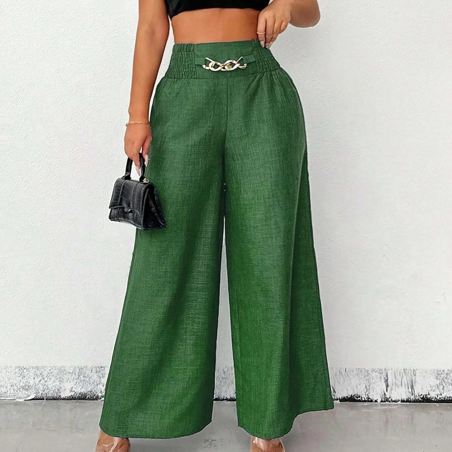 Wide Leg Linen Pants for Women Elastic Smocked High Waisted Flowy Palazzo Pants with Pockets Casual Relaxed Fit Dress Trouser