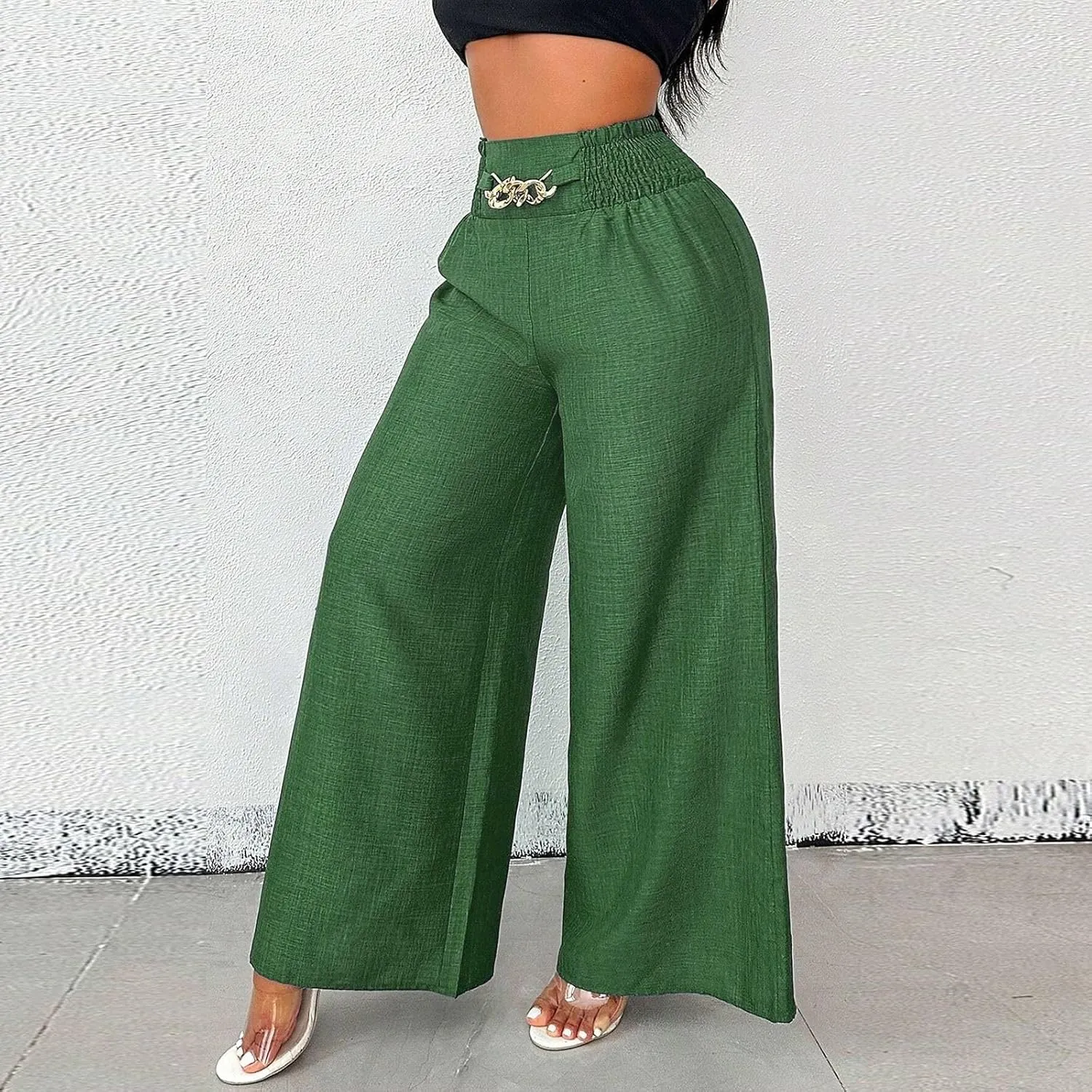 Wide Leg Linen Pants for Women Elastic Smocked High Waisted Flowy Palazzo Pants with Pockets Casual Relaxed Fit Dress Trouser