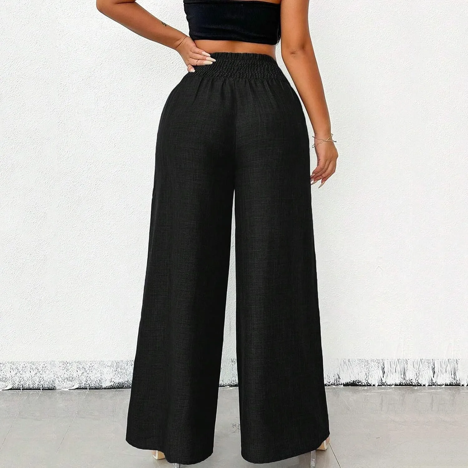 Wide Leg Linen Pants for Women Elastic Smocked High Waisted Flowy Palazzo Pants with Pockets Casual Relaxed Fit Dress Trouser