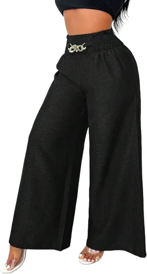 Wide Leg Linen Pants for Women Elastic Smocked High Waisted Flowy Palazzo Pants with Pockets Casual Relaxed Fit Dress Trouser