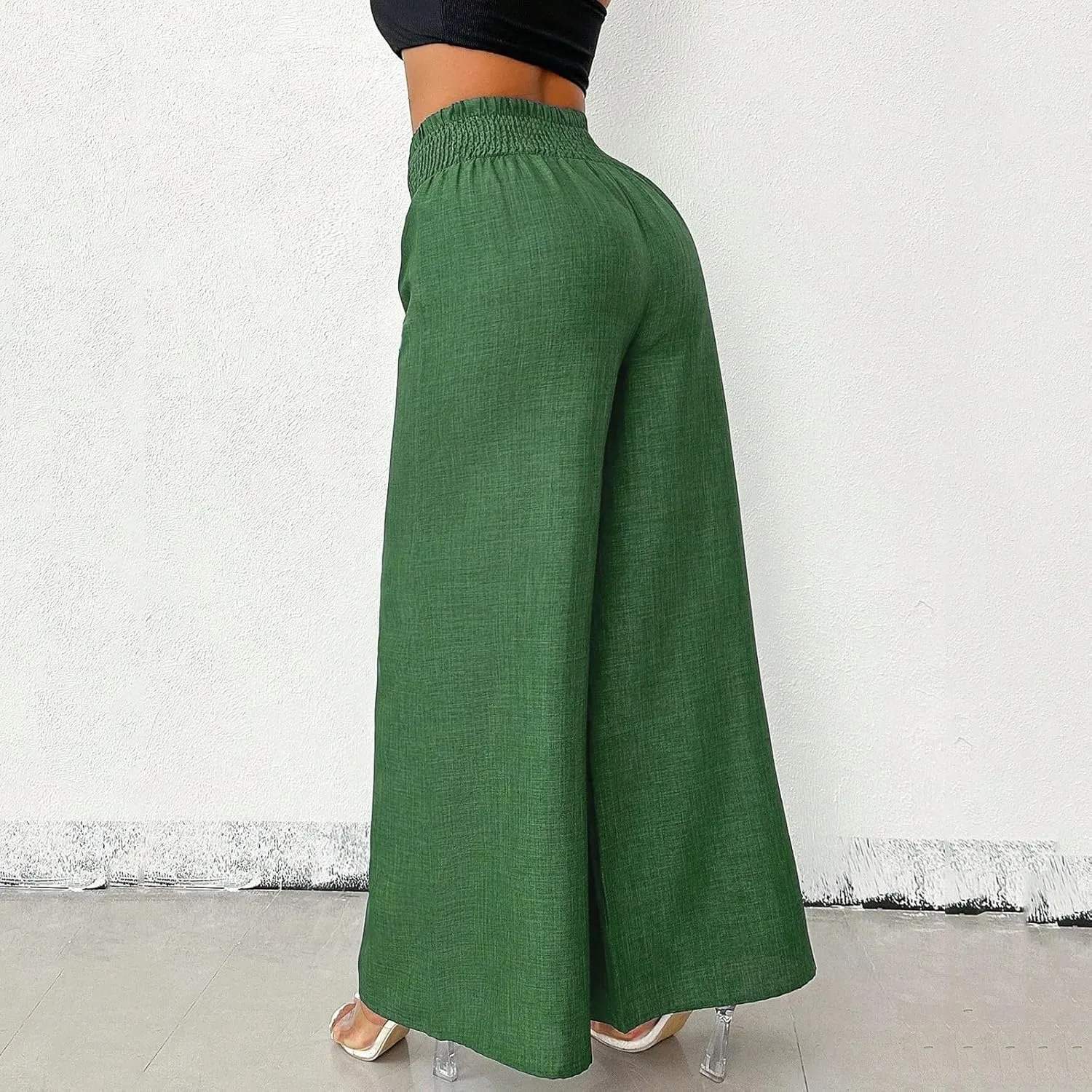 Wide Leg Linen Pants for Women Elastic Smocked High Waisted Flowy Palazzo Pants with Pockets Casual Relaxed Fit Dress Trouser