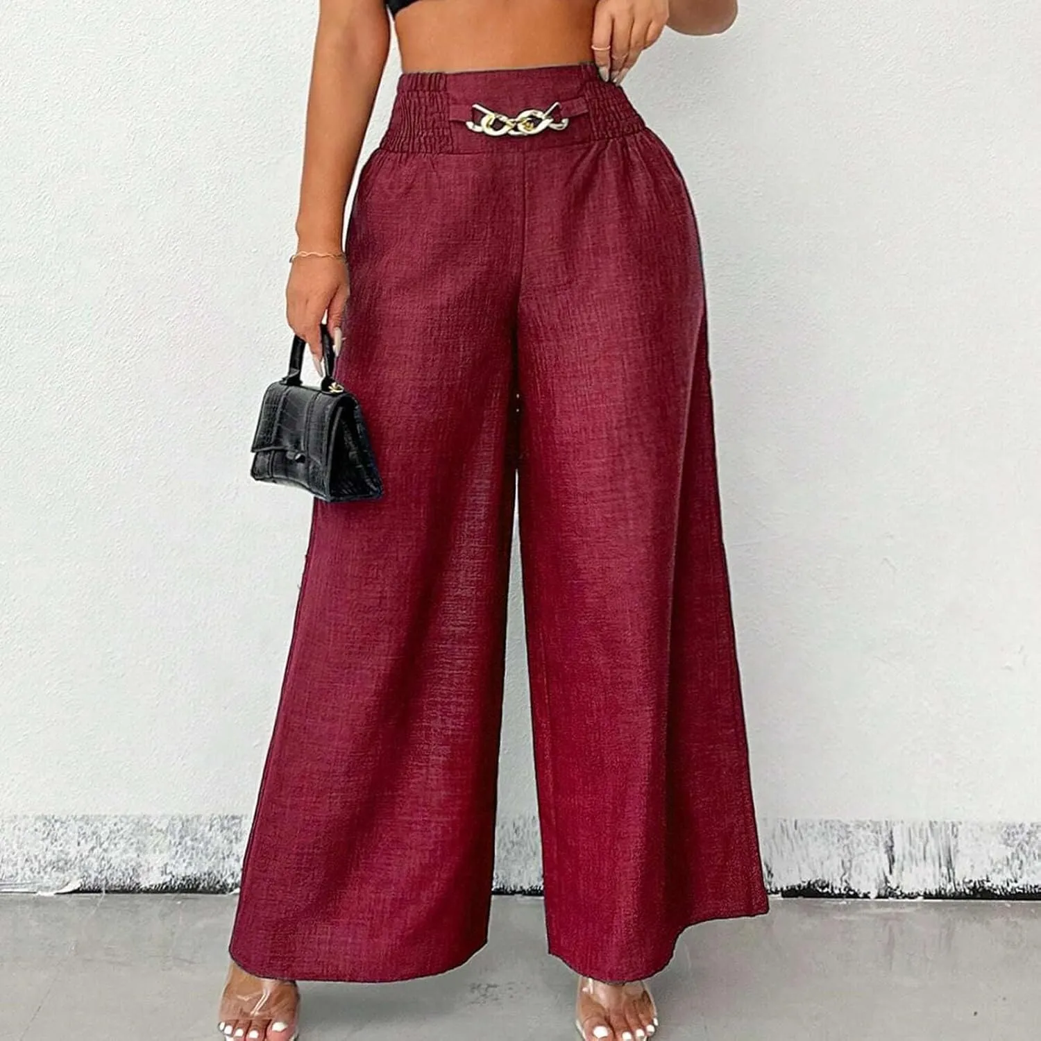 Wide Leg Linen Pants for Women Elastic Smocked High Waisted Flowy Palazzo Pants with Pockets Casual Relaxed Fit Dress Trouser