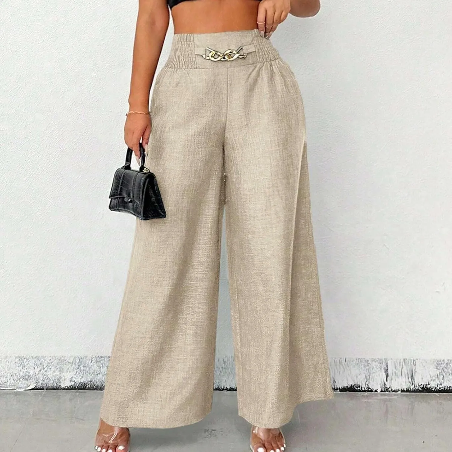 Wide Leg Linen Pants for Women Elastic Smocked High Waisted Flowy Palazzo Pants with Pockets Casual Relaxed Fit Dress Trouser